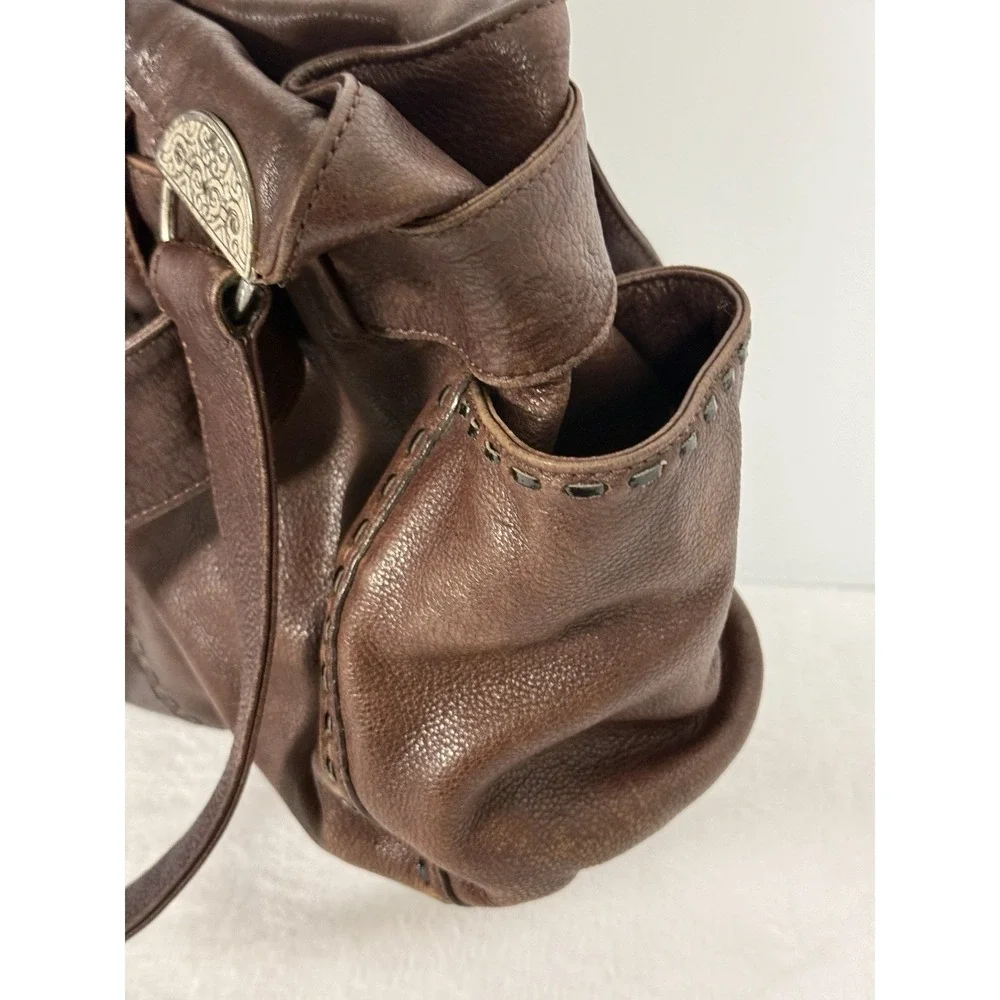 BRIGHTON Cleo Bow Brown Leather Shoulder Bag Studded Stitch Detail